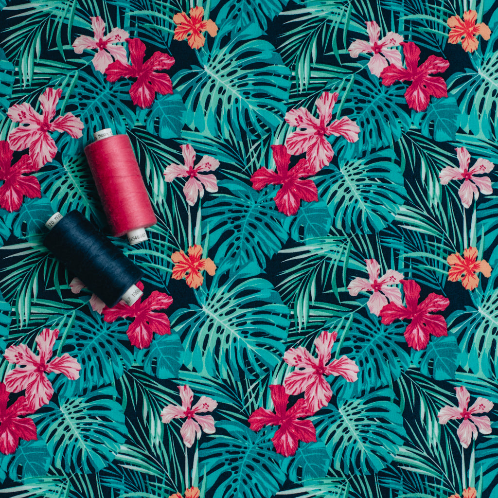 Tropical Leaves Printed Cotton Poplin Fabric - Navy & Pink