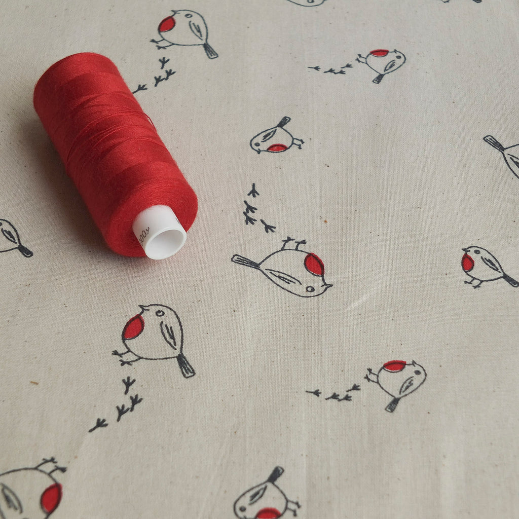 Christmas Robin 100% Cotton Fabric - Calico Cream, Red & Black