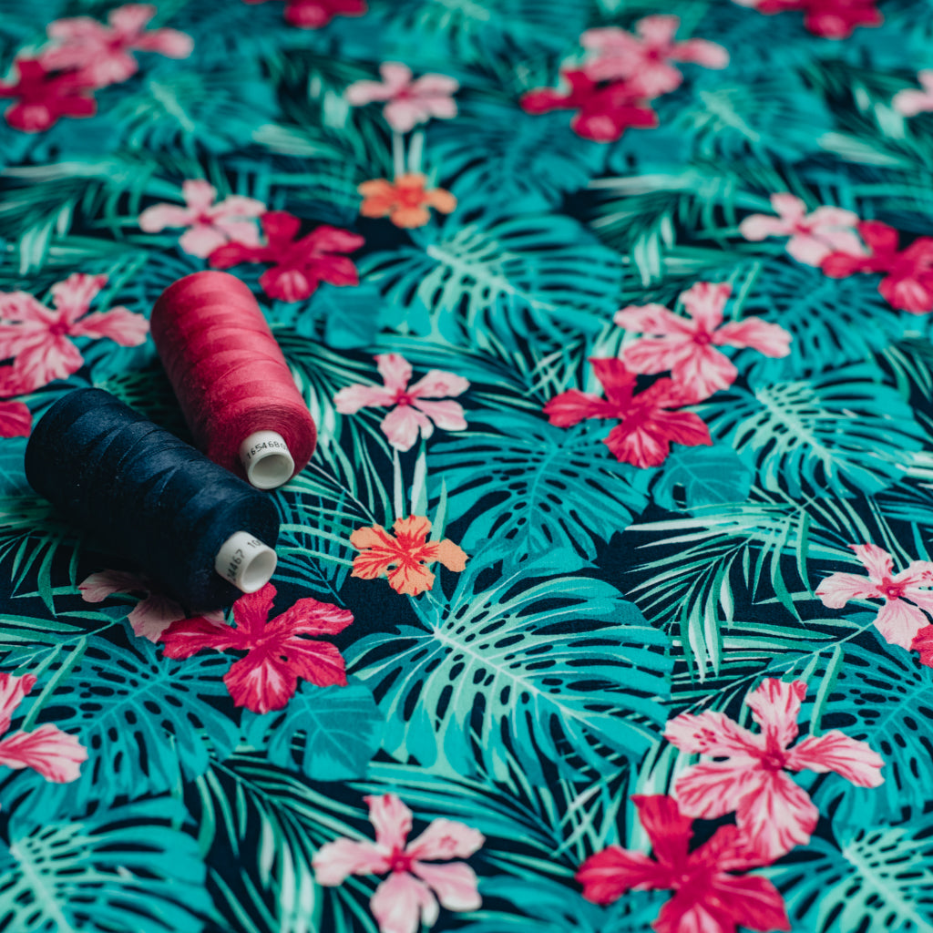 Tropical Leaves Printed Cotton Poplin Fabric - Navy & Pink