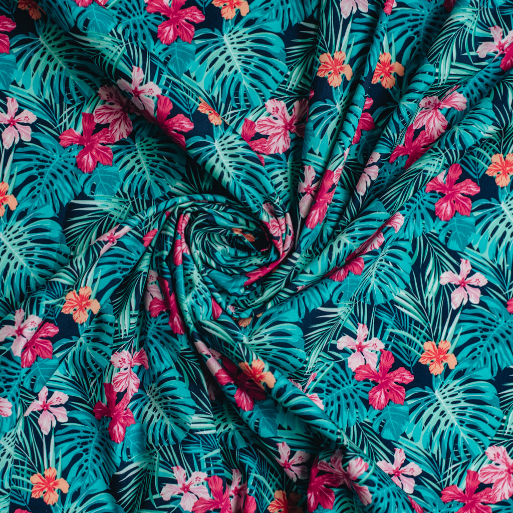Tropical Leaves Printed Cotton Poplin Fabric - Navy & Pink