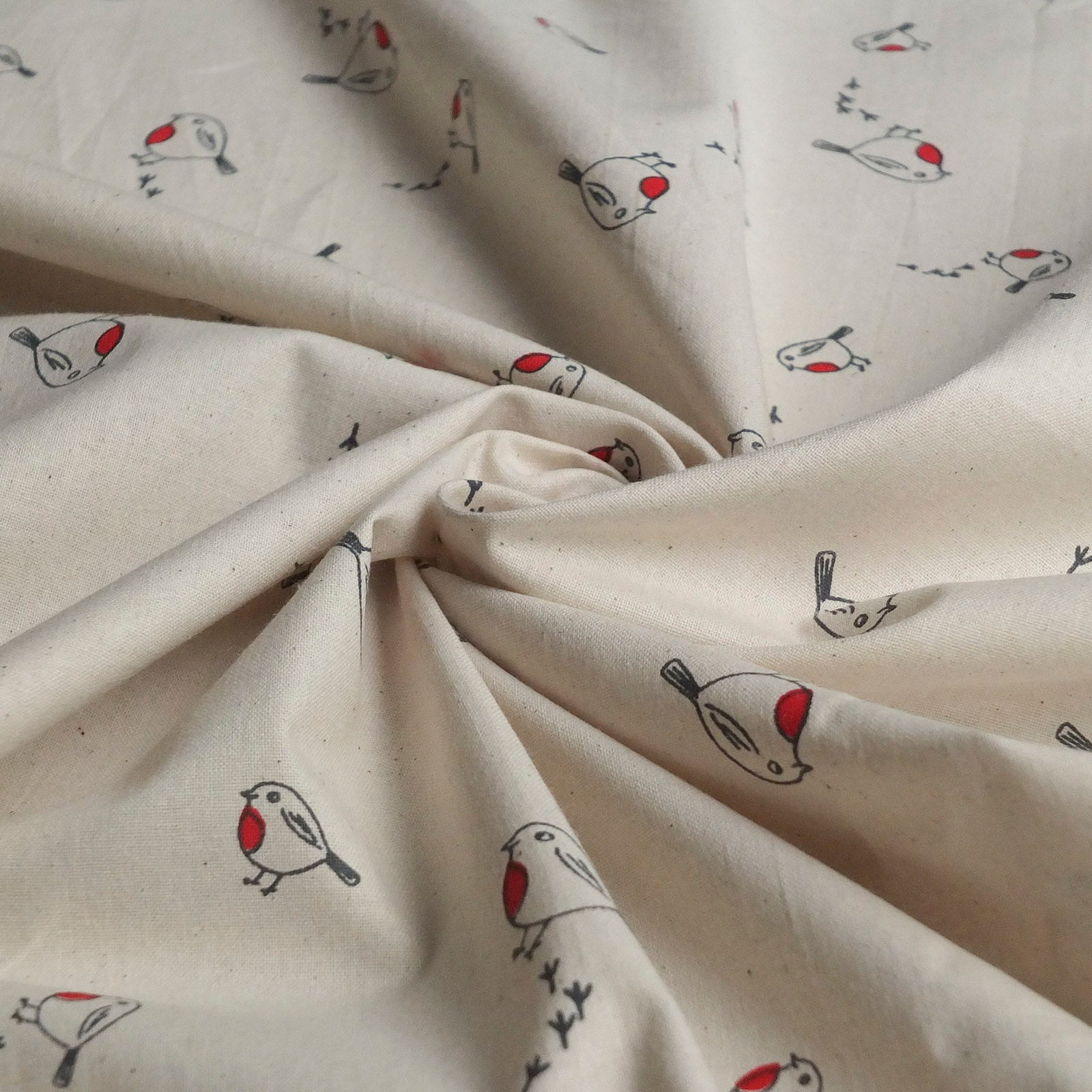 Christmas Robin 100 Cotton Fabric Calico Cream Red Black
