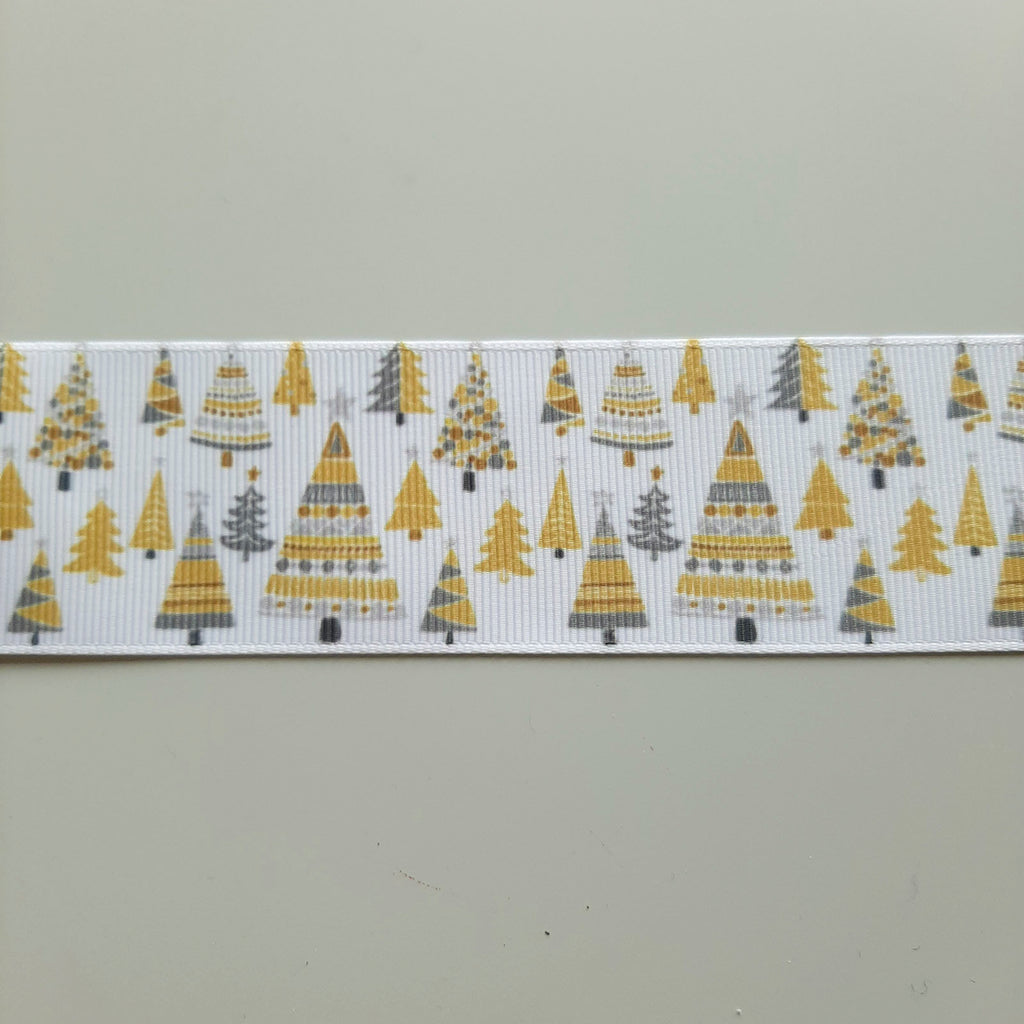 2 metres of Christmas Trees Grosgrain Christmas Ribbon White, Mustard Yellow & Grey - 38mm wide