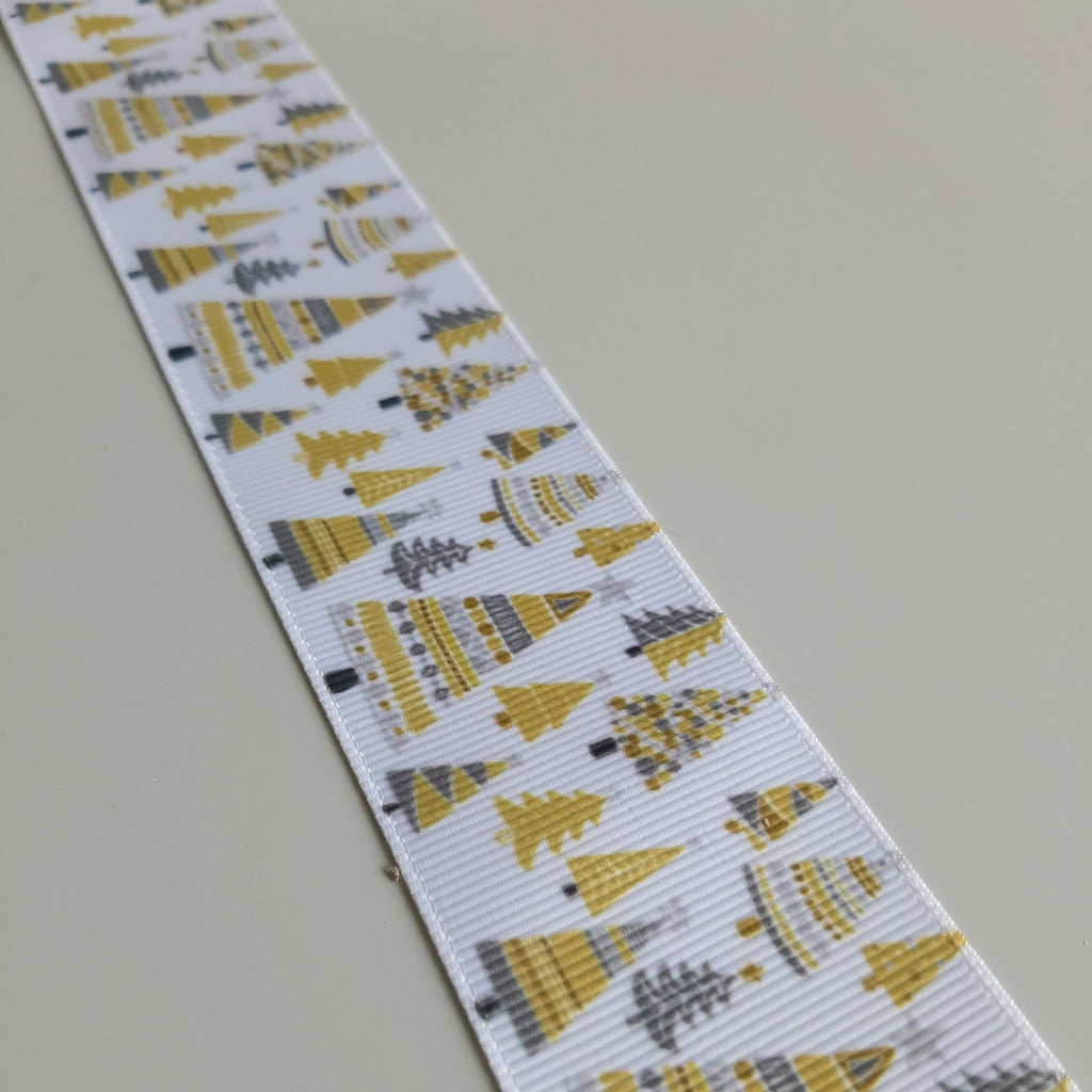 2 metres of Christmas Trees Grosgrain Christmas Ribbon White, Mustard Yellow & Grey - 38mm wide
