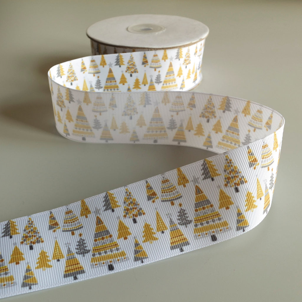 2 metres of Christmas Trees Grosgrain Christmas Ribbon White, Mustard Yellow & Grey - 38mm wide