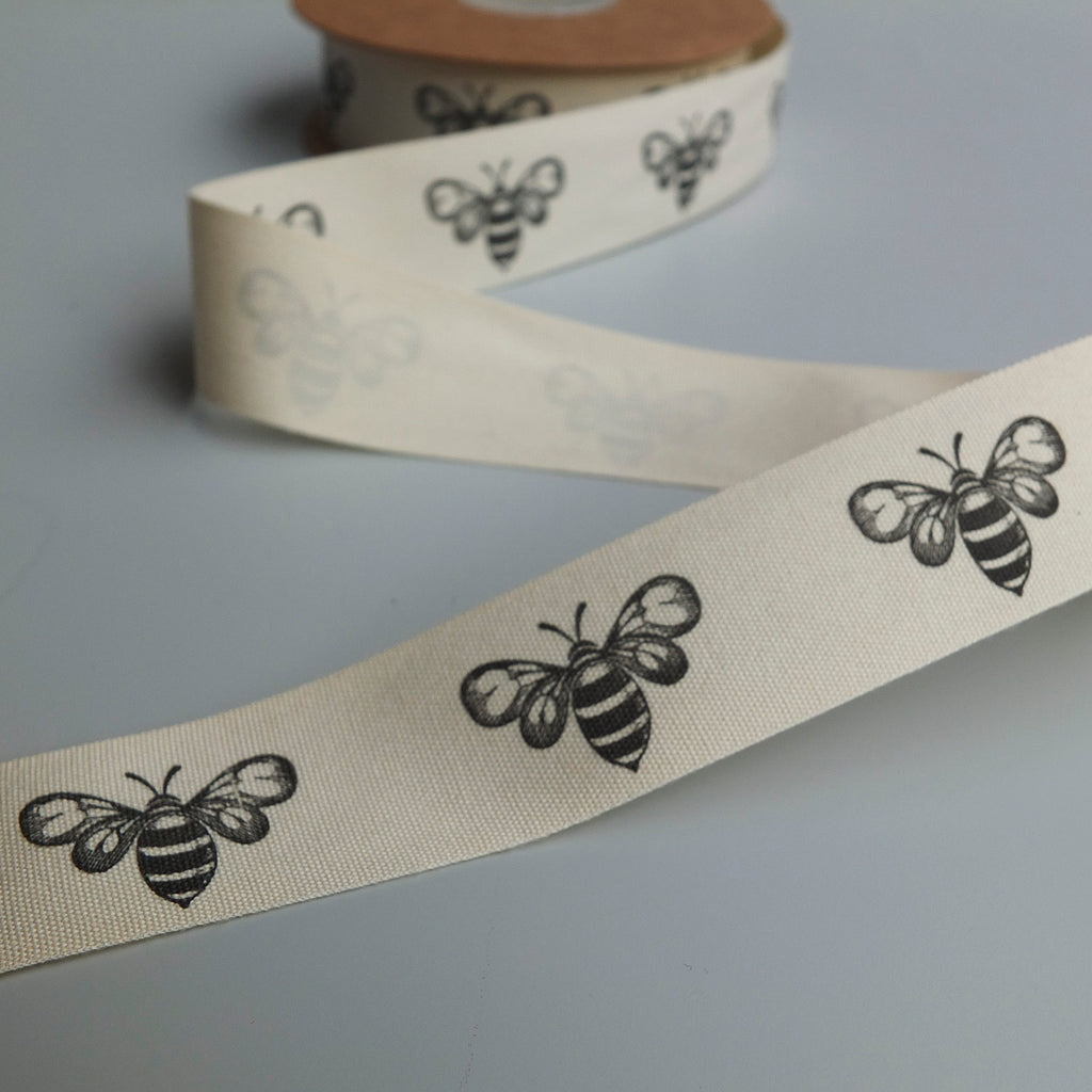 2 metres of Cream Cotton Ribbon with Bee Print - 25mm wide