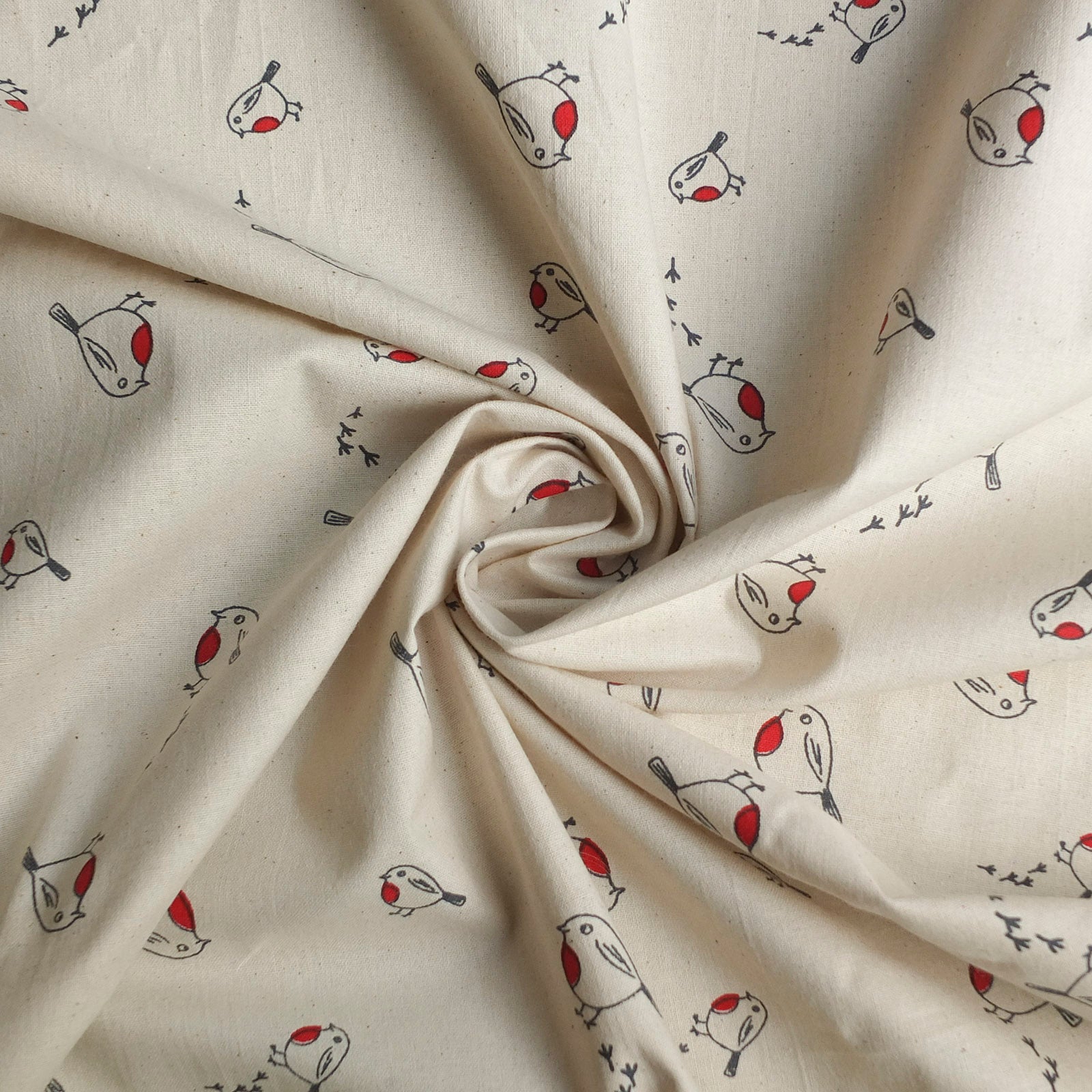 Christmas Robin 100 Cotton Fabric Calico Cream Red Black