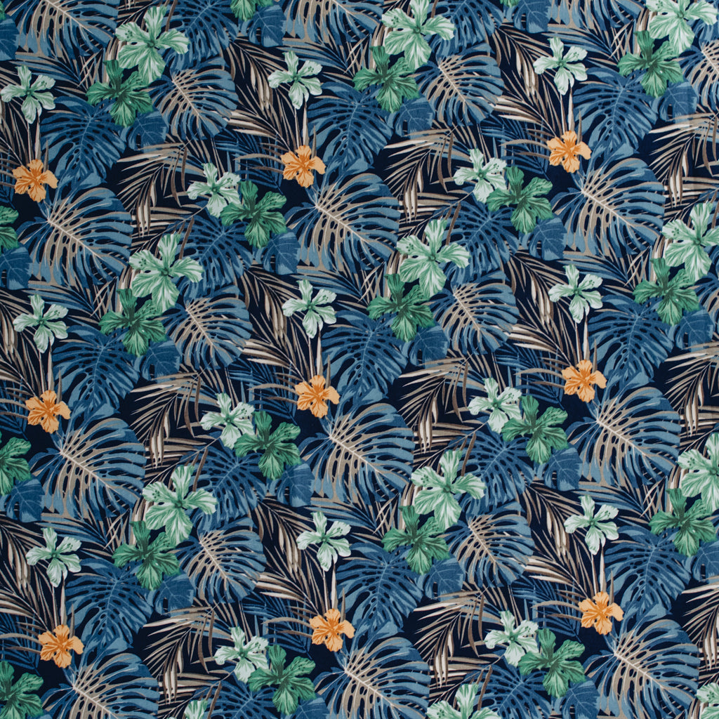 Tropical Leaves Printed Cotton Poplin Fabric - Navy & Green