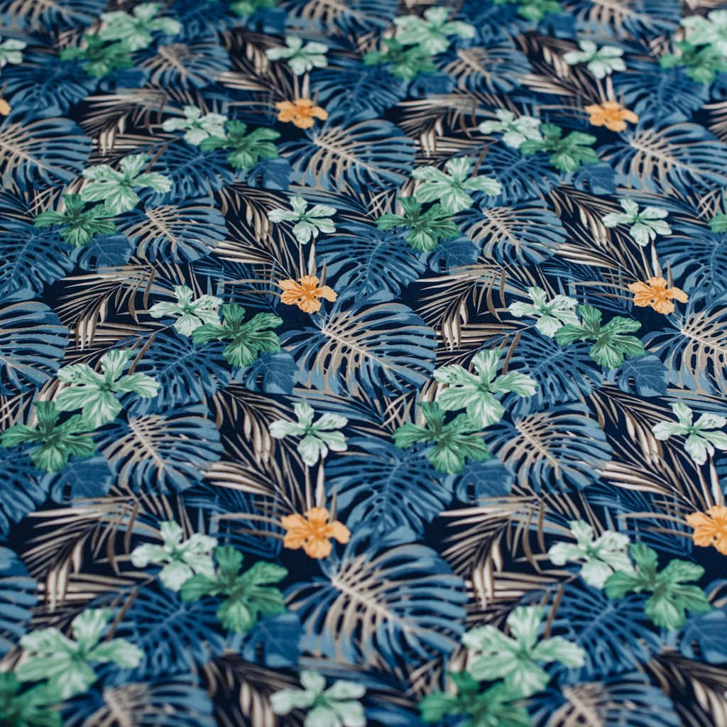 Tropical Leaves Printed Cotton Poplin Fabric - Navy & Green