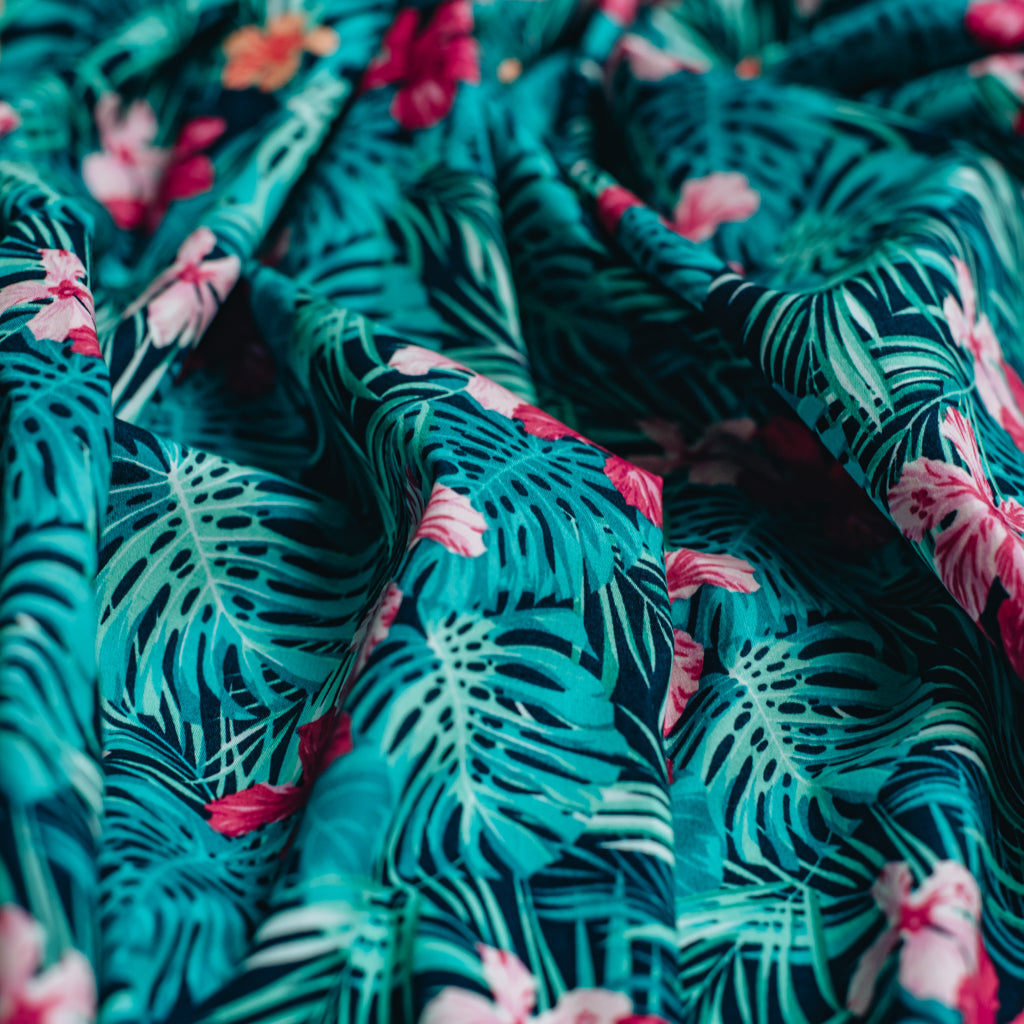 Tropical Leaves Printed Cotton Poplin Fabric - Navy & Pink