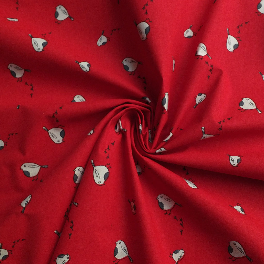 Christmas Robin 100% Cotton Fabric - Red, Black and Cream
