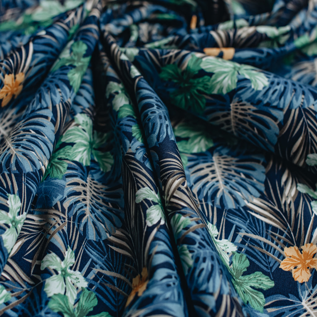 Tropical Leaves Printed Cotton Poplin Fabric - Navy & Green