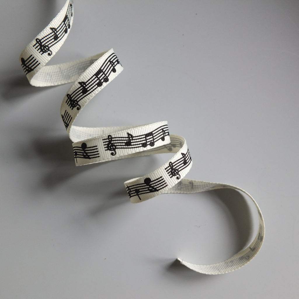 Printed Grosgrain Ribbon with Musical Theme - Cream or White