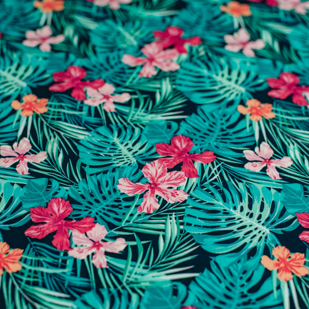 Tropical Leaves Printed Cotton Poplin Fabric - Navy & Pink