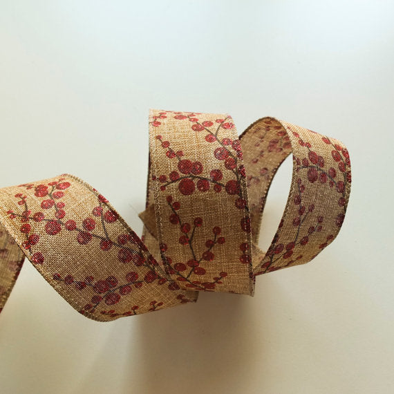 Wired Edge Ribbon Glitter Red Berries Print - 38mm wide