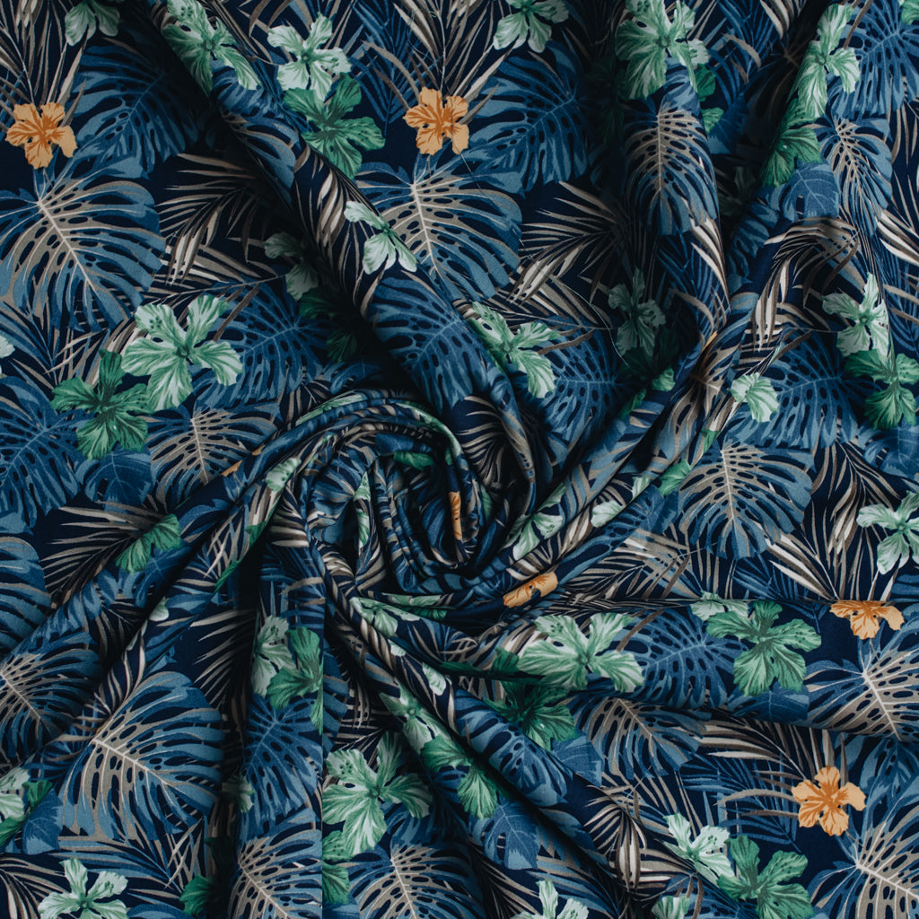 Tropical Leaves Printed Cotton Poplin Fabric - Navy & Green