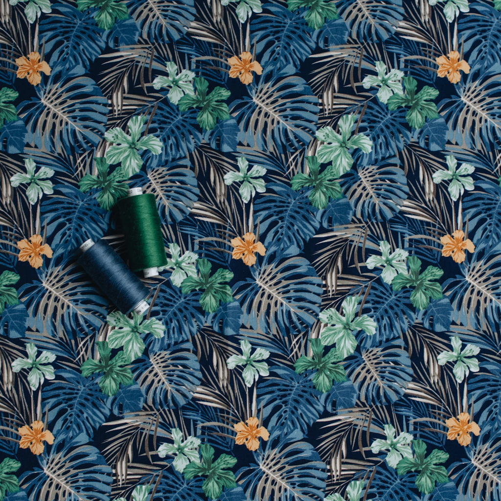 Tropical Leaves Printed Cotton Poplin Fabric - Navy & Green