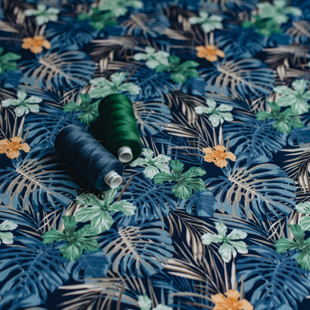 Tropical Leaves Printed Cotton Poplin Fabric - Navy & Green