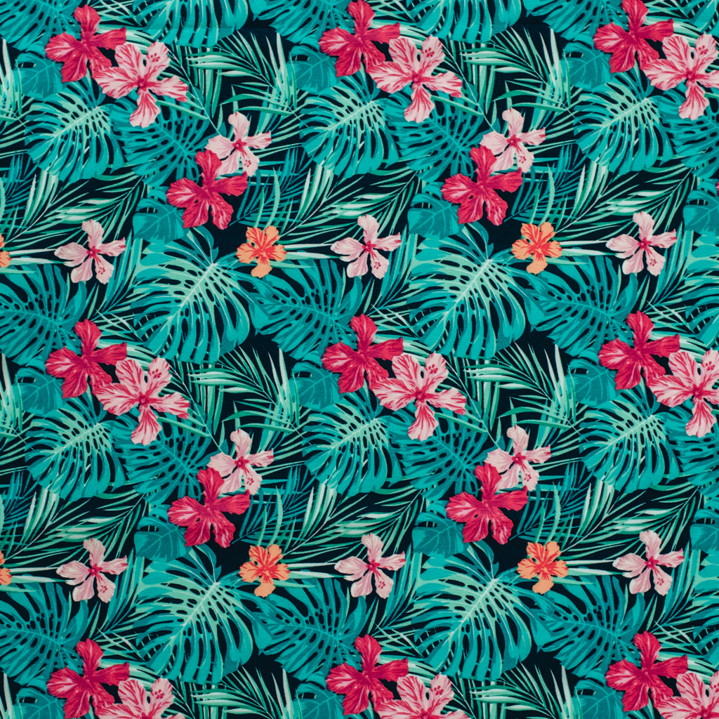 Tropical Leaves Printed Cotton Poplin Fabric - Navy & Pink