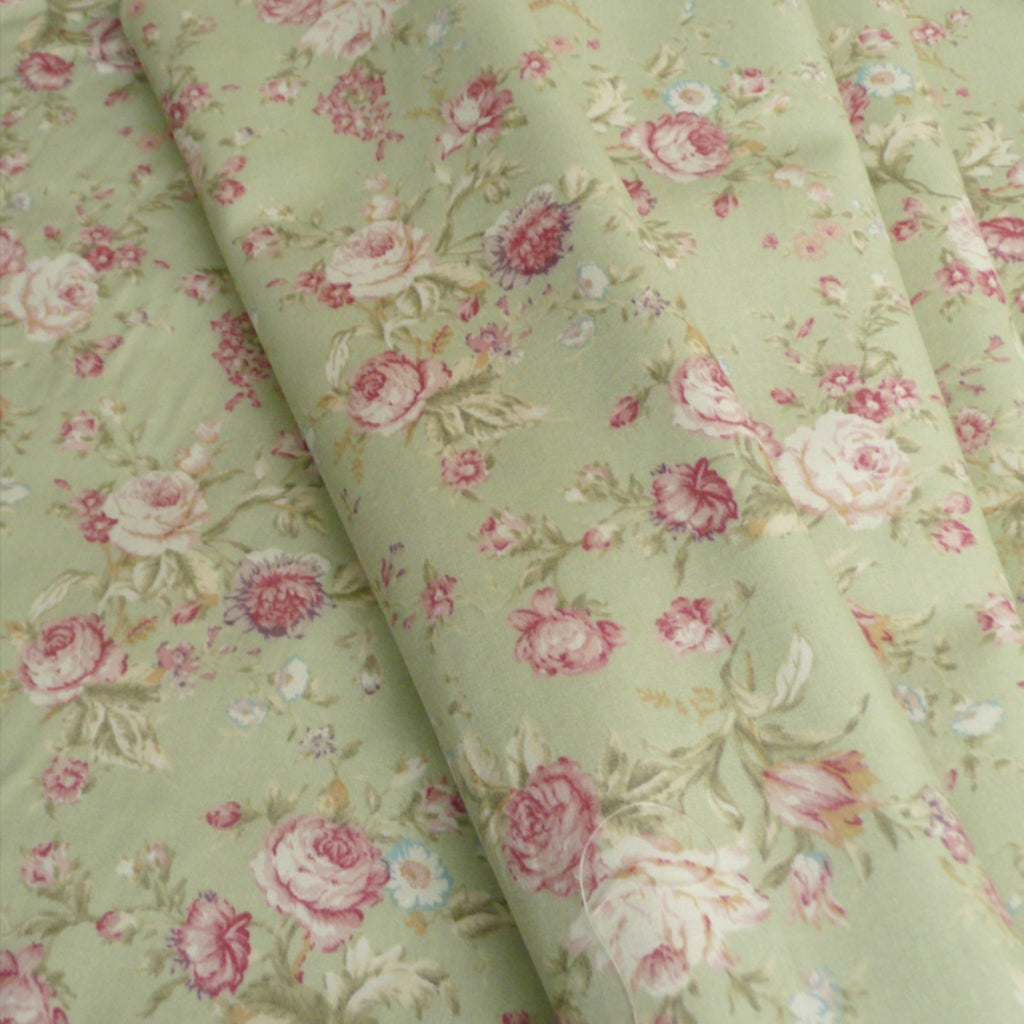 Sage Green Vintage Style Floral Print - 100% Cotton Poplin