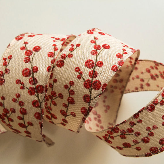 Wired Edge Ribbon Glitter Red Berries Print - 38mm wide